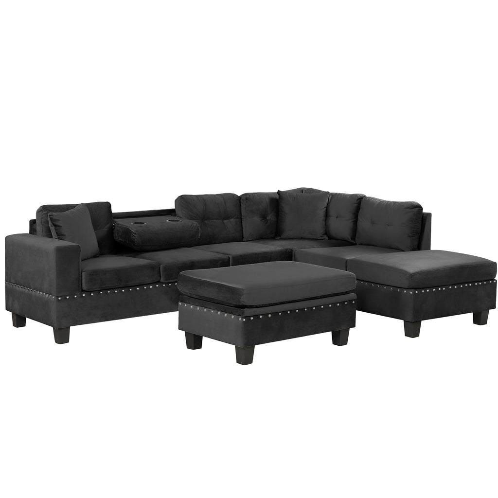 Modern Sectional Sofa with Storage Ottoman, L-Shape Couch with 2 Pillows and Cup Holders, Black Velvet, 105' - Grand Goldman Shop