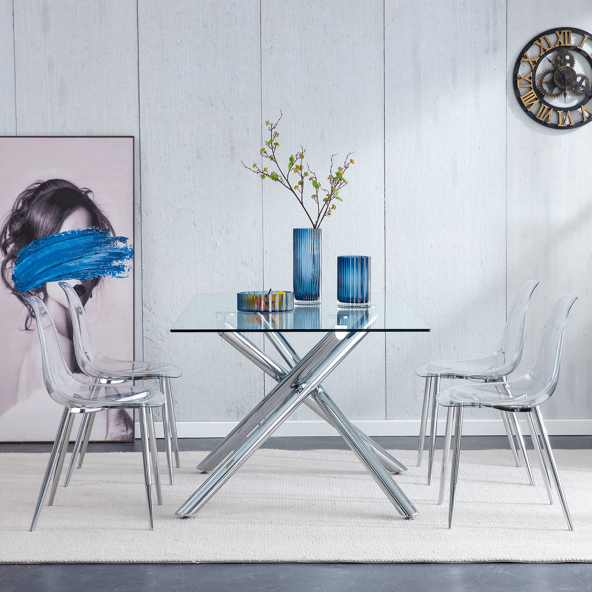 Modern simple transparent dining chair plastic chair armless crystal chair Nordic creative makeup stool negotiation chair Set of 4 and plating metal legW115164140,TW-1200 - Grand Goldman Shop