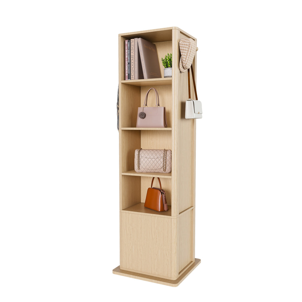 360° Rotating Makeup Cabinet in Walnut with Full-Length Mirror, Jewelry Storage, Coat Rack, 4 Open Shelves & 2 Built-In Shelves - Grand Goldman Shop