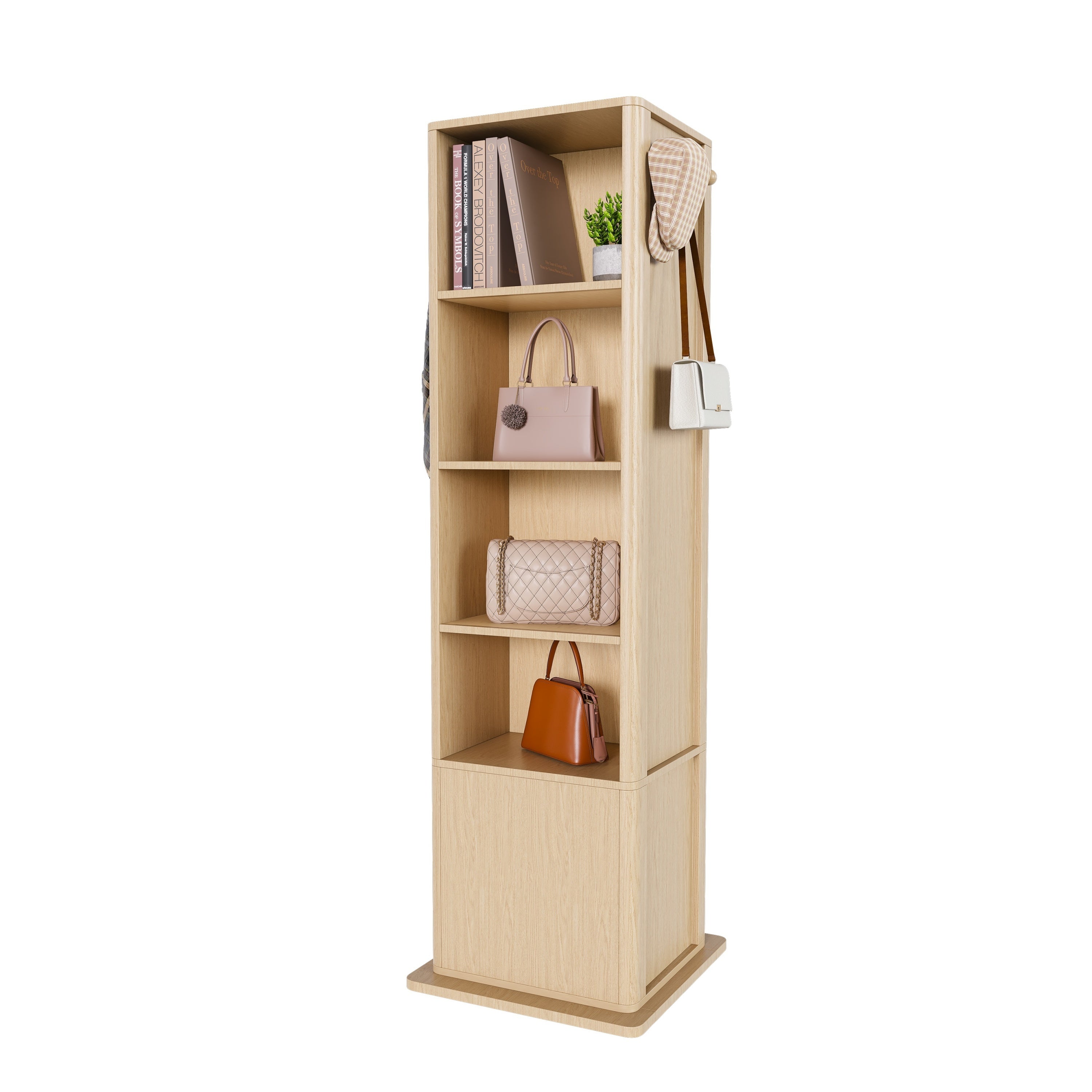 360° Rotating Makeup Cabinet in Walnut with Full-Length Mirror, Jewelry Storage, Coat Rack, 4 Open Shelves & 2 Built-In Shelves - Grand Goldman Shop