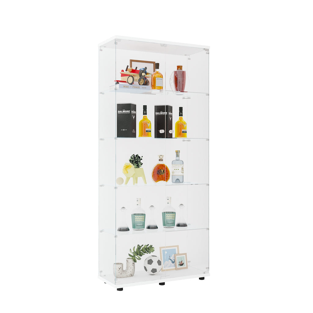 Glass Display Cabinet with 5 Shelves Double Door, Curio Cabinets for Living Room, Bedroom, Office, White Floor Standing Glass
