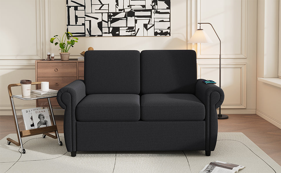 Orisfur Pull Out Sofa Bed Loveseat Sleeper with Twin Size Memory Foam Mattress & USB Ports, Black Linen - Grand Goldman Shop