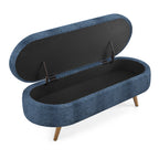 Modern Ottoman Oval Storage Bench with Rubber Wood Legs, Dark Blue Fabric, 43.5'x16'x16' - Grand Goldman Shop