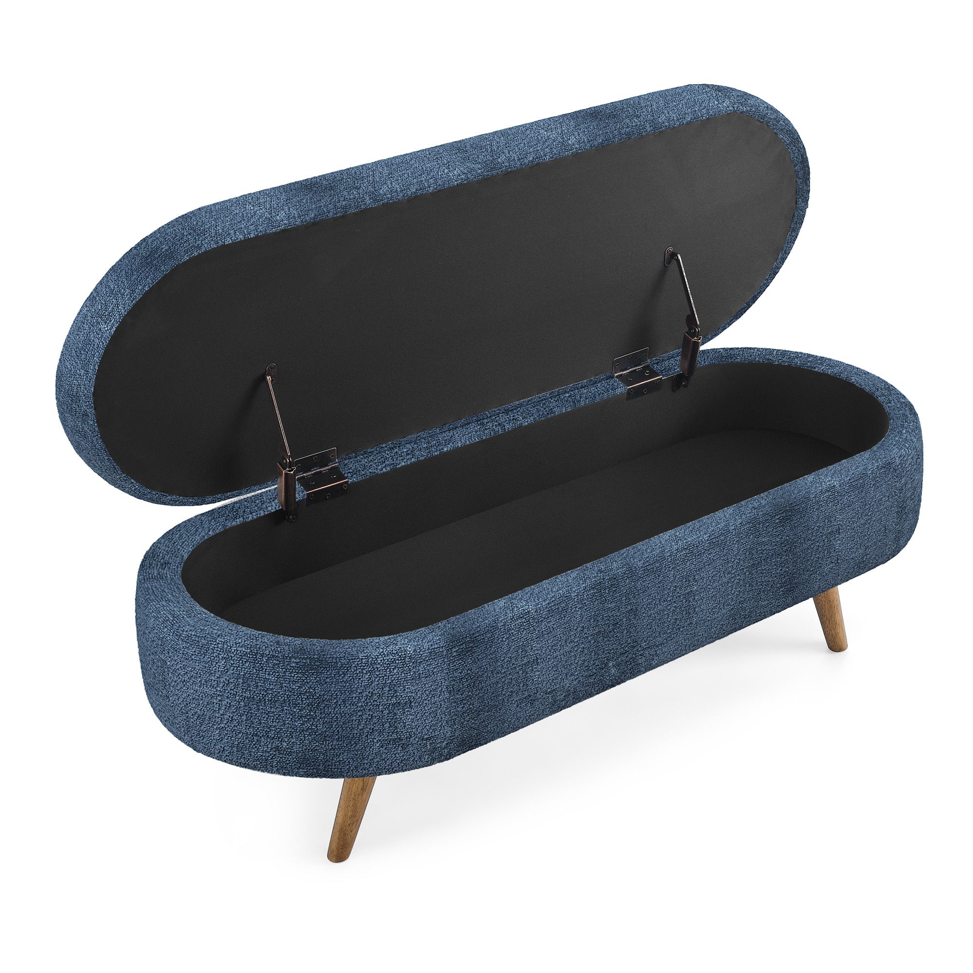 Modern Ottoman Oval Storage Bench with Rubber Wood Legs, Dark Blue Fabric, 43.5'x16'x16' - Grand Goldman Shop