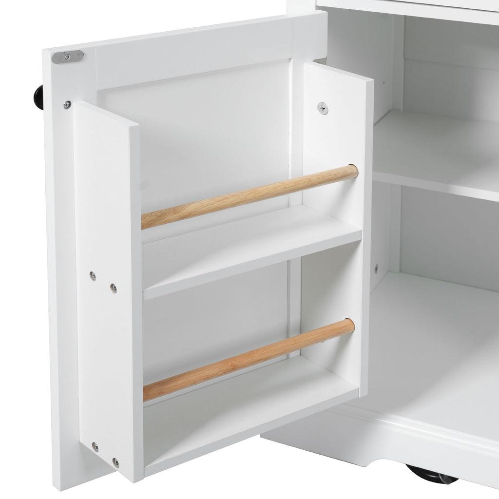 K&K 54.9' Kitchen Island with Drop Leaf, Power Outlet, Kitchen Storage Cart with 4 Door Shelves, Cross Barn Doors & Visual Glass Door, Rolling Kitchen Island on 4 Wheels for Kitchen, Dining Room,White - Grand Goldman Shop