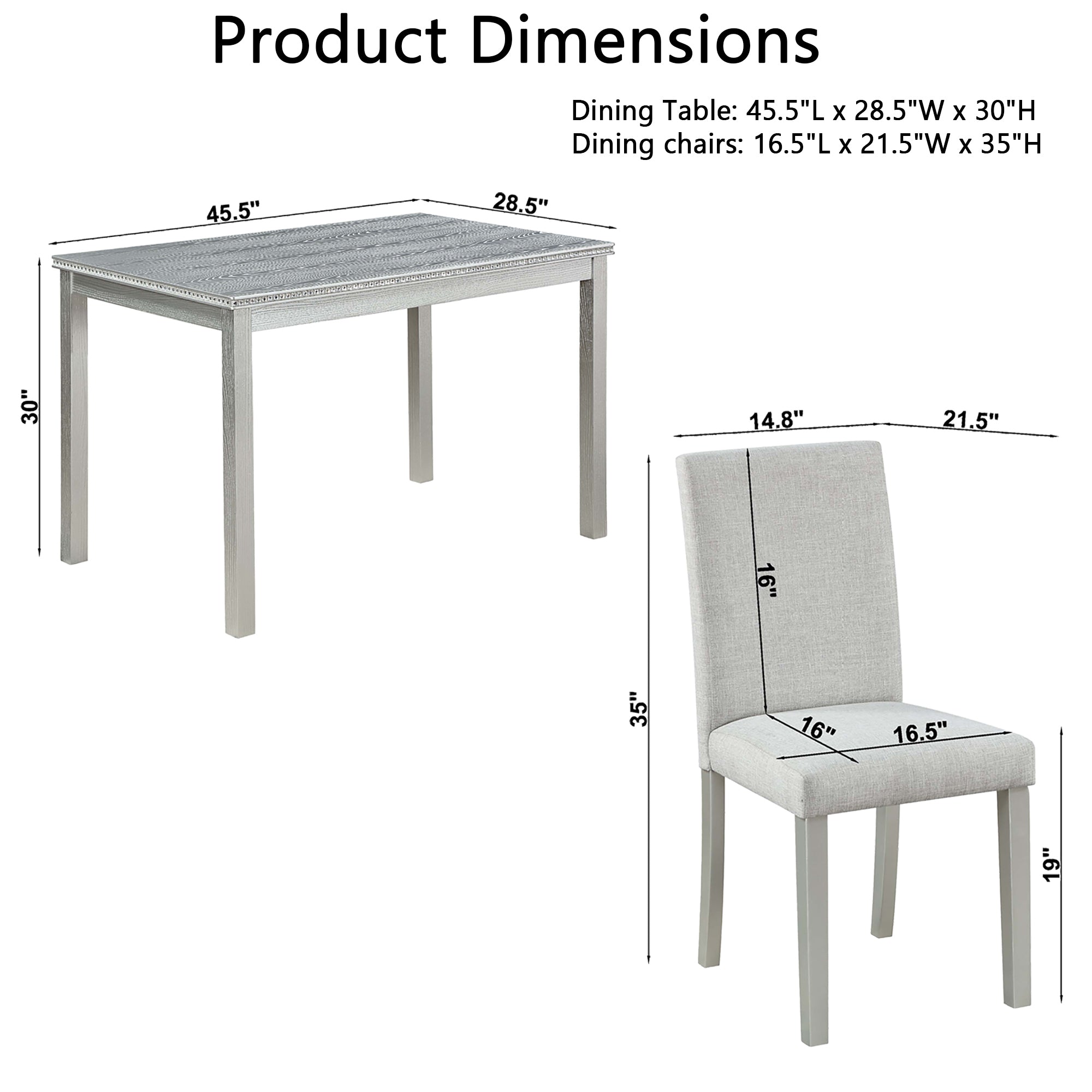 5 Piece Wooden Dining Table Set, Kitchen Table Set with a Rectangular Table and 4 Upholstered Chairs, Wooden Dining Room Table with Crystal Decoration and Chairs Set, Silver grey - Grand Goldman Shop