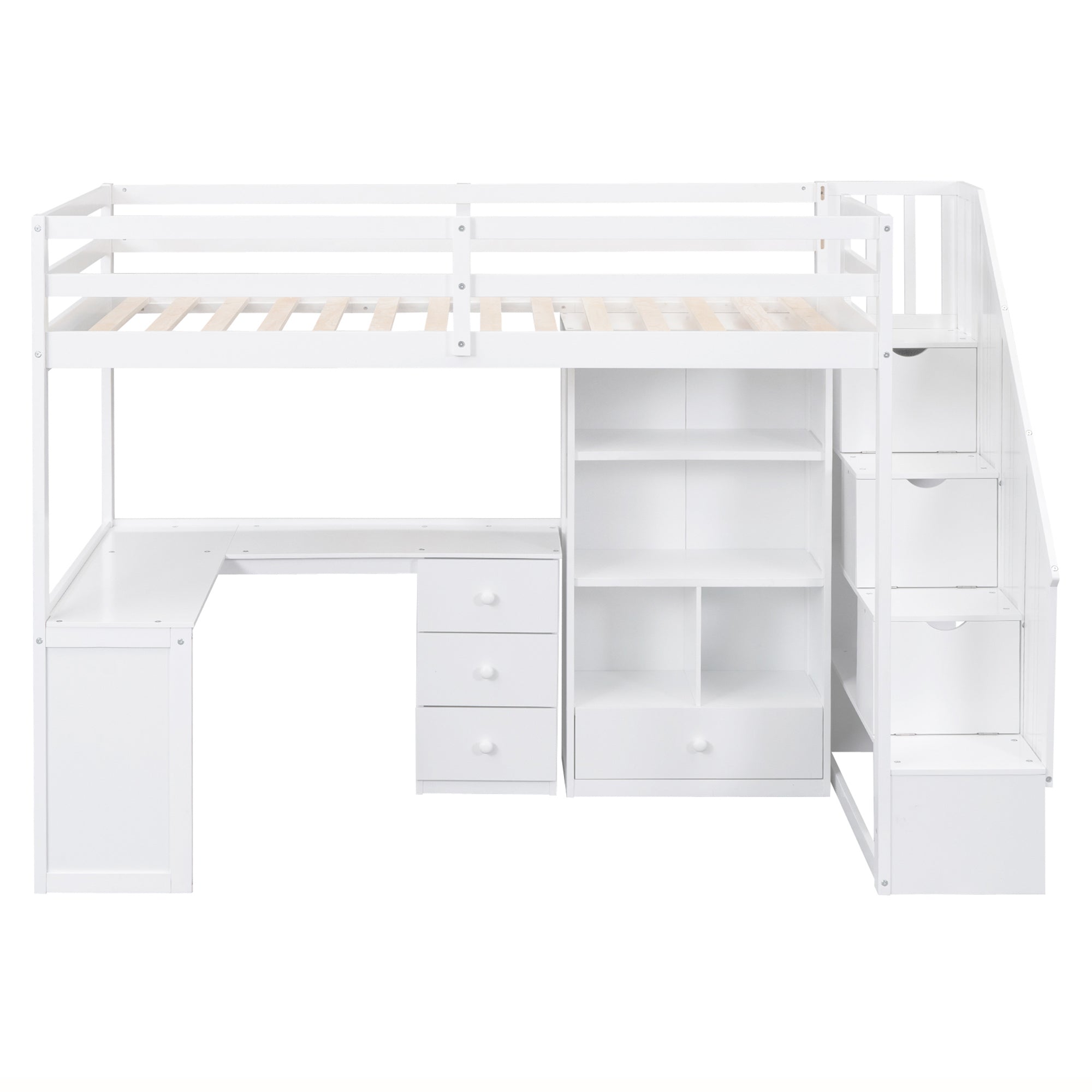White Twin Size Loft Bed with L-Shaped Desk, Drawers, Cabinet, and Storage Staircase - Pine Wood & MDF - Grand Goldman Shop