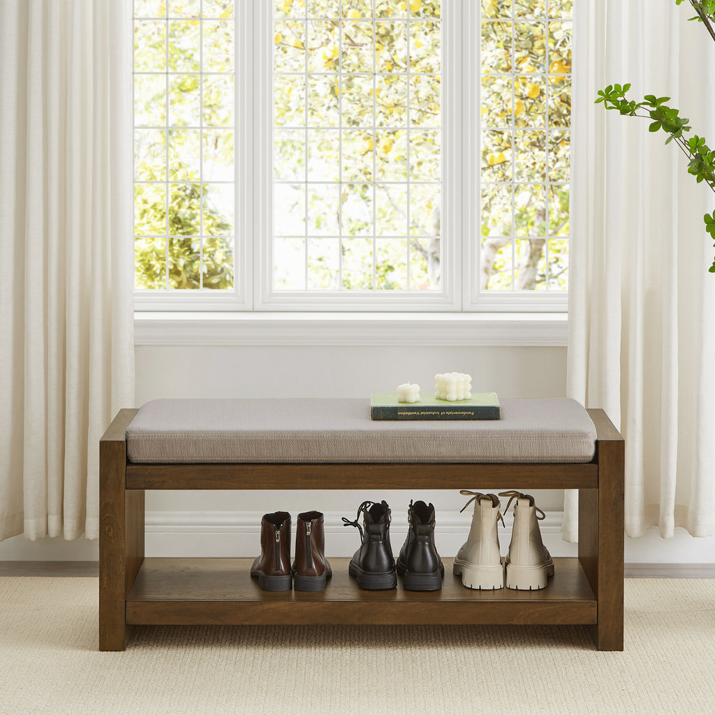 40' Accent Bench with Lower Shelf Shoe Rack, Padded Seating Bench for Living Room, Modern Compact Bed End Bench with Storage for Bedroom Seating, Removable Cushion,  40'W- Linen - Grand Goldman Shop