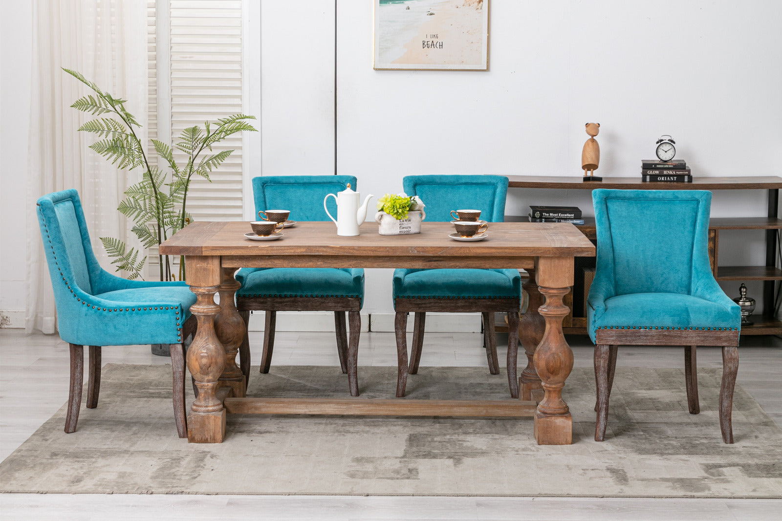 A&A Furniture,Ultra Side Dining Chair，Thickened fabric chairs with neutrally toned solid wood legs， Bronze nail head，Set of 2，Blue - Grand Goldman Shop