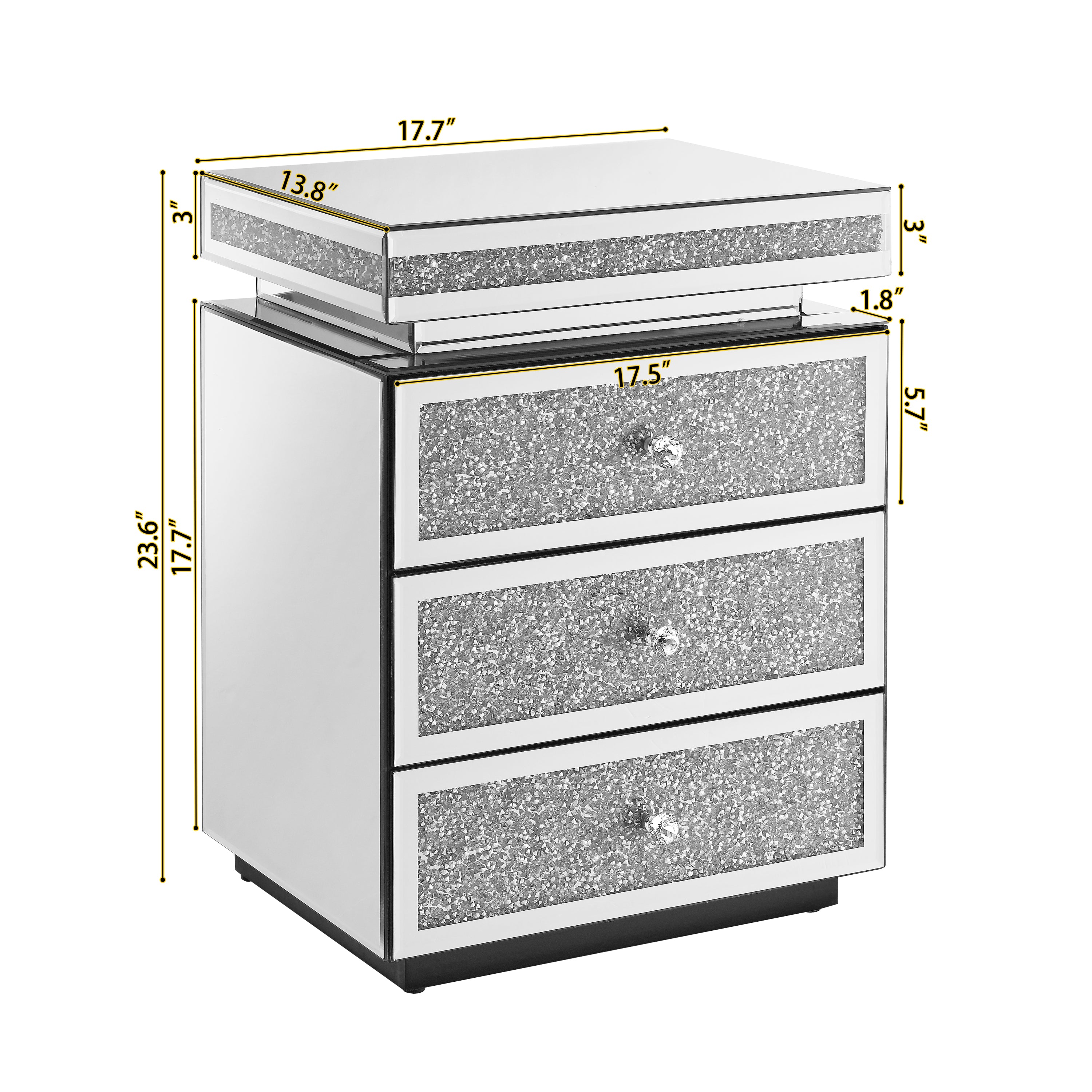 Mirrored Nightstand with 3 Drawers, Silver Nightstand with Crystal Inlay, Mirror End Table, Modern Bedside Table, Glass Table for Bedroom, 13.8''W x 17.7' L x 23.6' H - Grand Goldman Shop