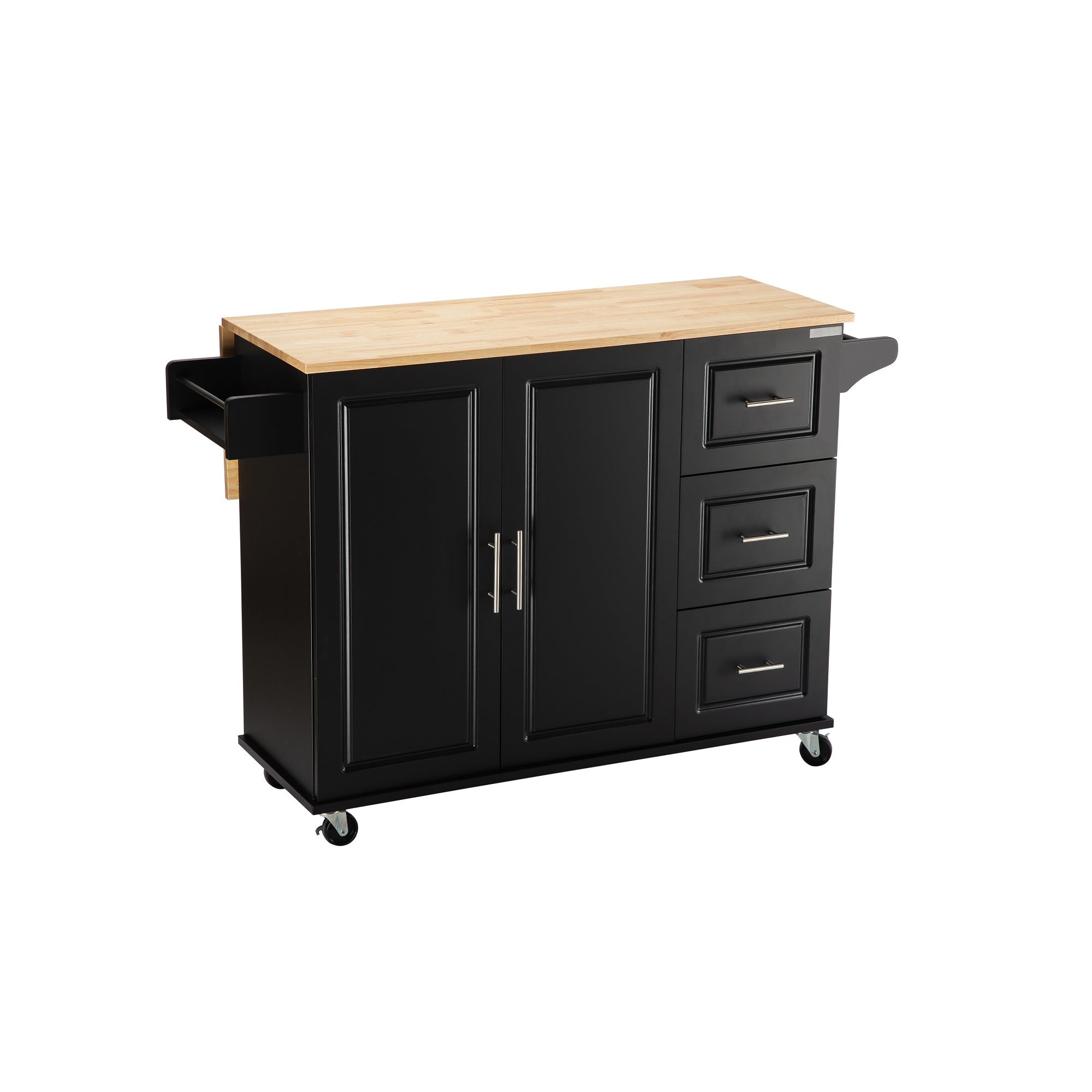Kitchen Island & Kitchen Cart, Mobile Kitehcn Island with Extensible Rubber Wood Table Top,adjustable Shelf Inside Cabinet for Different Utensils, 3 Big Drawers, with Spice Rack, Towel Rack, Black-Bee - Grand Goldman Shop