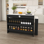 Retro Kitchen Island with Extendable Rotating Table, Black Marble Veneer on MDF, 4 Drawers & Glass Door Cabinets, Built-in Socket, Fits 2-4 People - Grand Goldman Shop