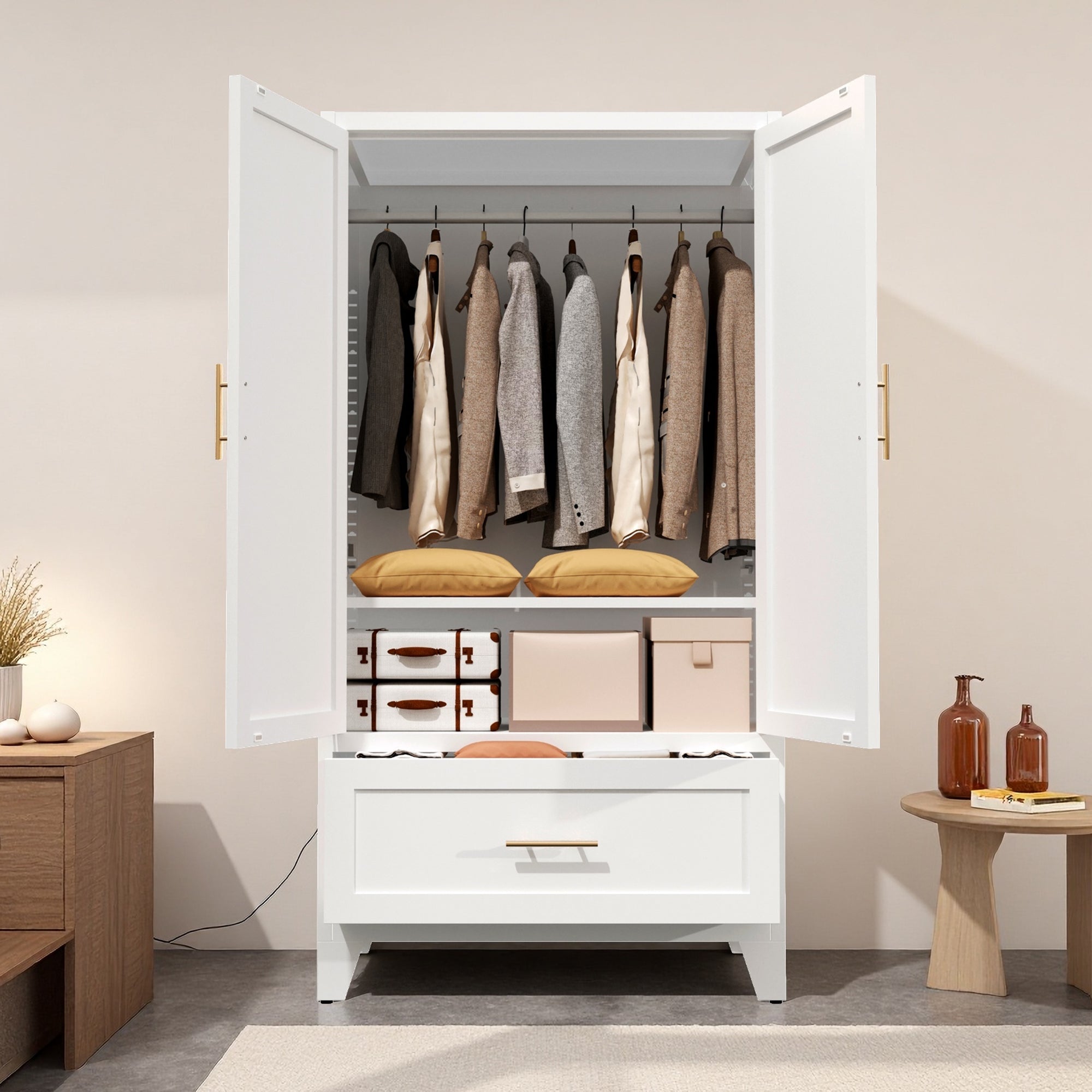60' Tall Metal Wardrobe Cabinet with 1 Drawer and Hanging Rod, 2 Doors Wardrobe Closet with Shelf for Bedroom, Office, Laundry Room, Entryway, Foyer, Guesthouse (White) - Grand Goldman Shop