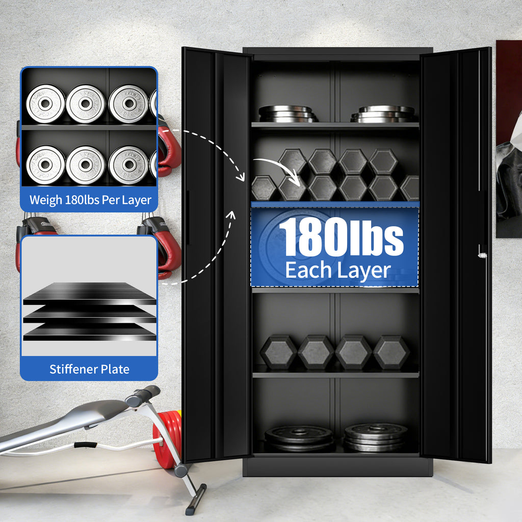 72'H Metal Garage Storage Cabinet, Black Tool Steel Locking Cabinet with Doors and 4 Shelves, Tall Cabinets for Garage Storag