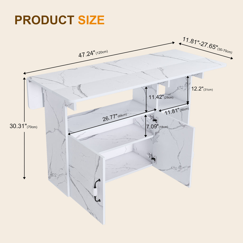 Multi-Functional Folding Table with Storage Shelves and Wheels, 47 Inch White MDF Compact Desk for Kitchen, Dorm, or Office - Grand Goldman Shop