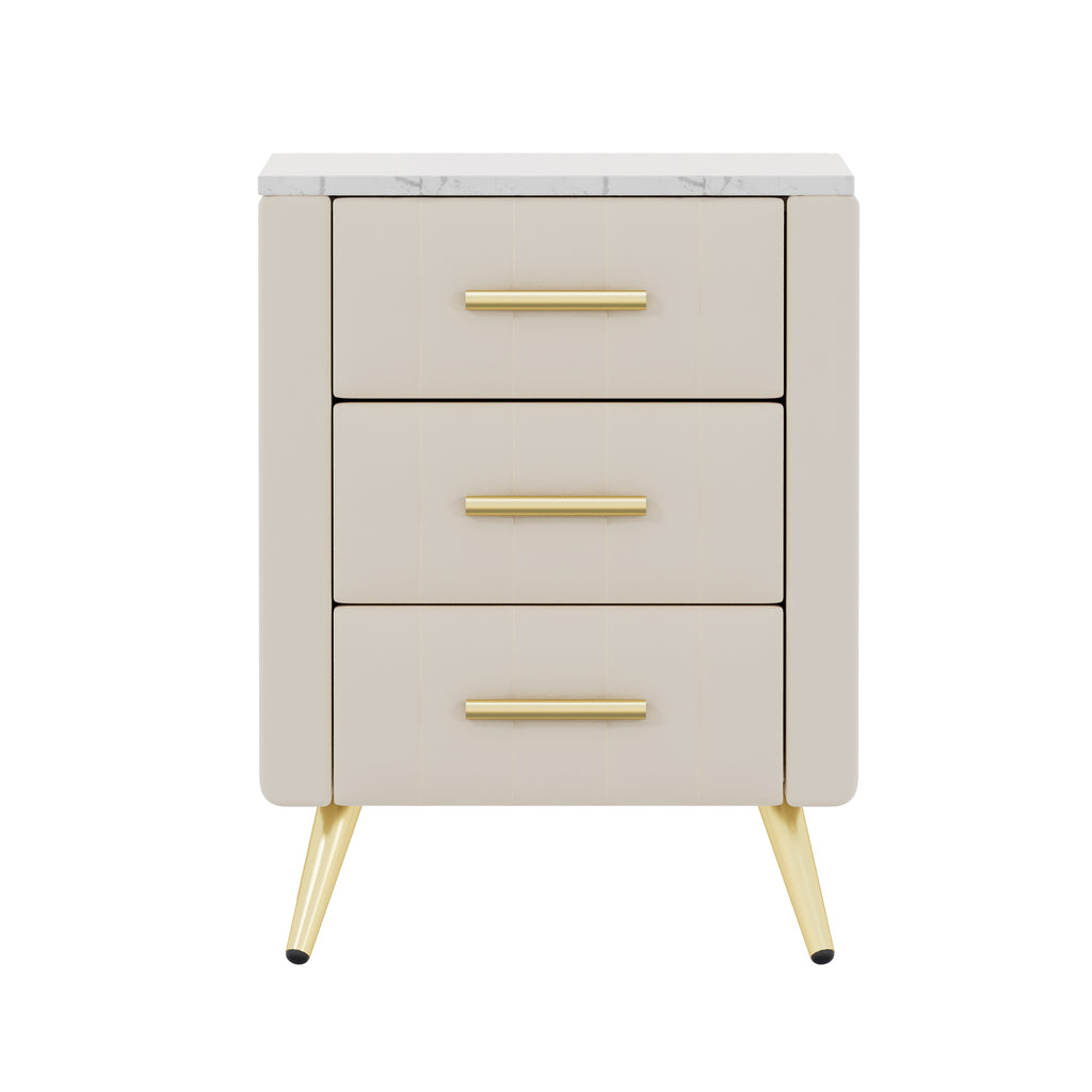 Upholstered Wooden Nightstand with 3 Drawers and Metal Legs&Handles, Bedside Table with Marbling Stickers Worktop - Beige - Grand Goldman Shop