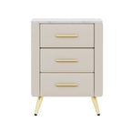 Upholstered Wooden Nightstand with 3 Drawers and Metal Legs&Handles, Bedside Table with Marbling Stickers Worktop - Beige - Grand Goldman Shop
