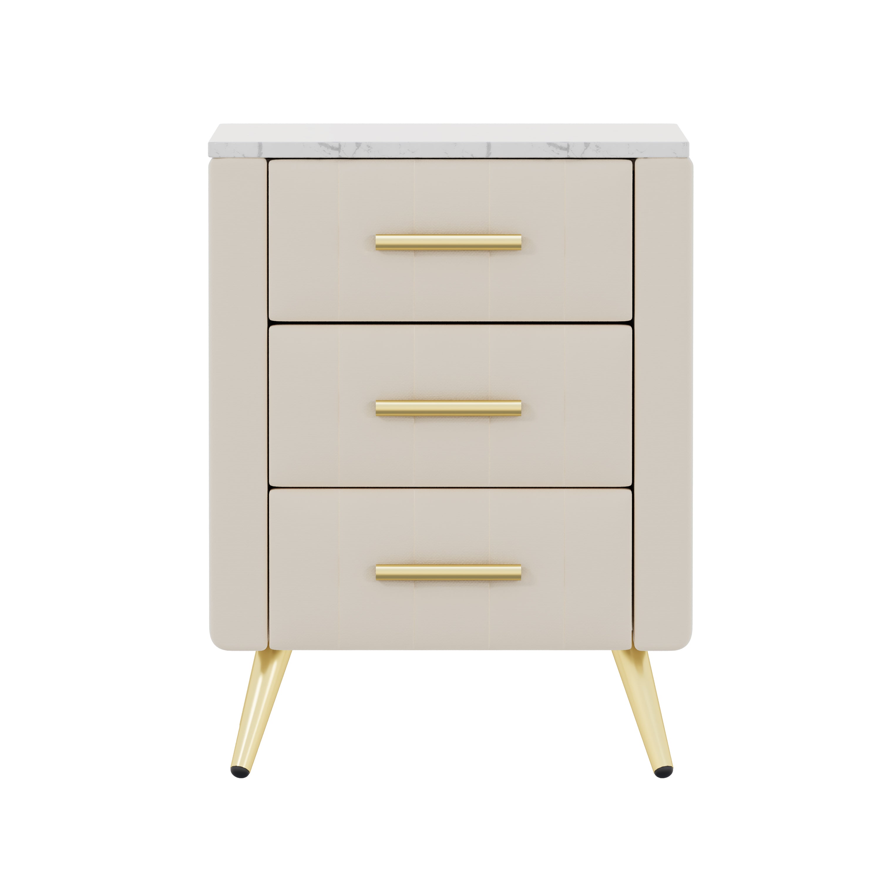 Upholstered Wooden Nightstand with 3 Drawers and Metal Legs&Handles, Bedside Table with Marbling Stickers Worktop - Beige - Grand Goldman Shop