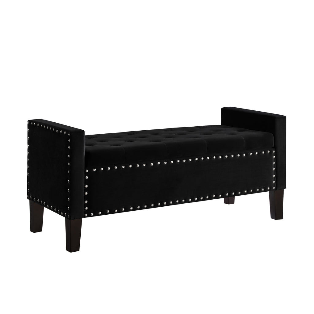 Upholstered Tufted Button Storage Bench with nails trim,Entryway Living Room Soft Padded Seat with Armrest,Bed Bench-Black - Grand Goldman Shop