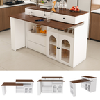 Kitchen Island with Extendable & Rotating Table, MDF with Walnut Veneer Retro Design, 4 Drawers & Glass Door Cabinets with Built-in Socket, Expandable Dining Station for 2-4 Person - Grand Goldman Shop
