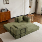Convertible Sleeper Sofa Bed with Cylindrical Pillow, Corduroy Folding Mattress Couch with Fixed-Shape Frame, Floor Sofa Lounge Couch for Living Room Bedroom (Green) - Grand Goldman Shop