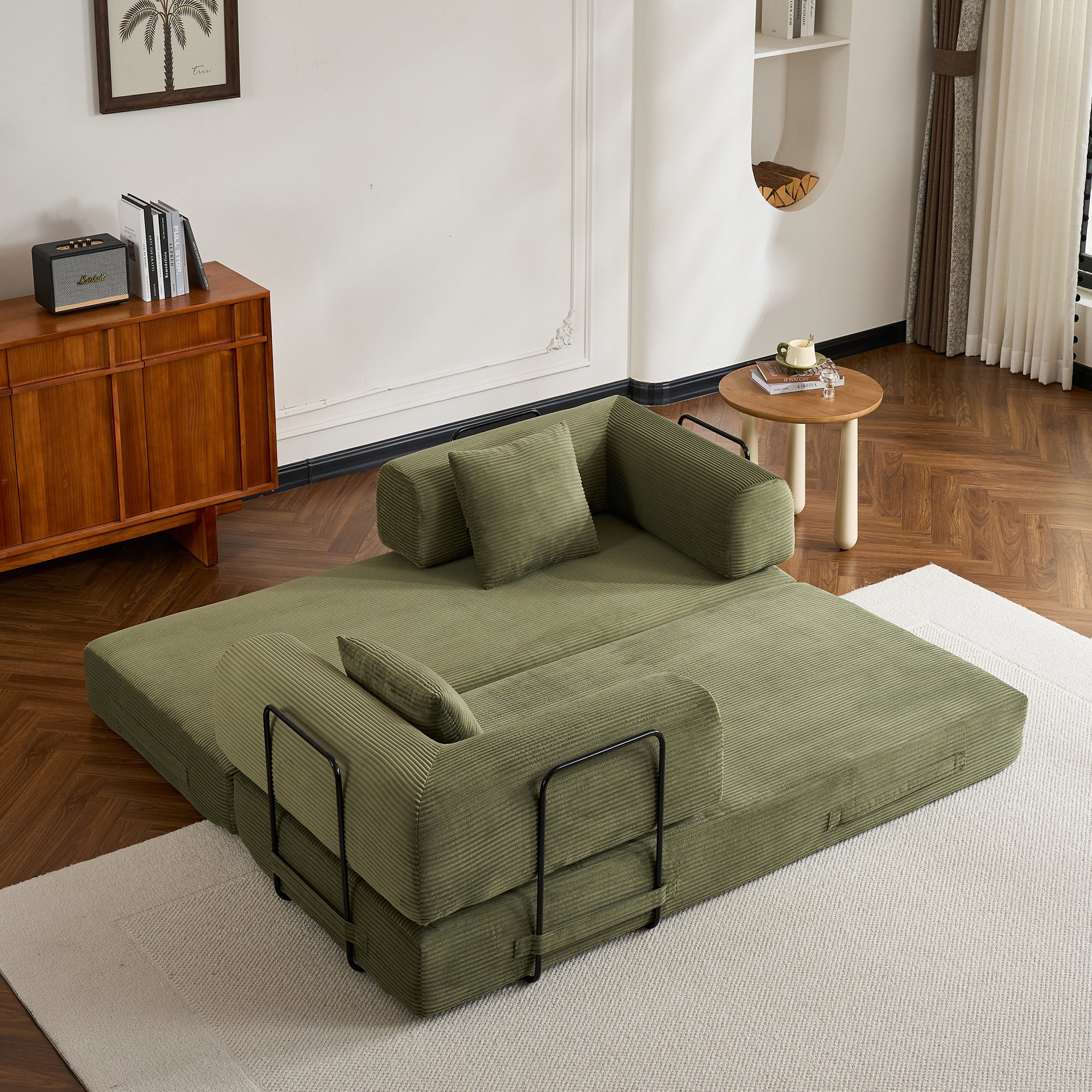 Convertible Sleeper Sofa Bed with Cylindrical Pillow, Corduroy Folding Mattress Couch with Fixed-Shape Frame, Floor Sofa Lounge Couch for Living Room Bedroom (Green) - Grand Goldman Shop