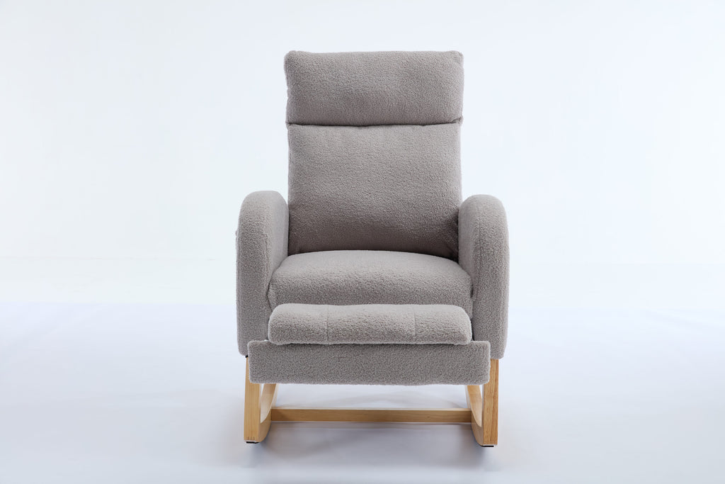 015B-Teddy Fabric Leisure Rocking Chair,Nursery Rocking Chair With Adjustable Footstool,Thickened Headrest And High Backrest, Storage Pocket On The Right Side,The Base Rocker Is Solid Wood,Light Gray - Grand Goldman Shop
