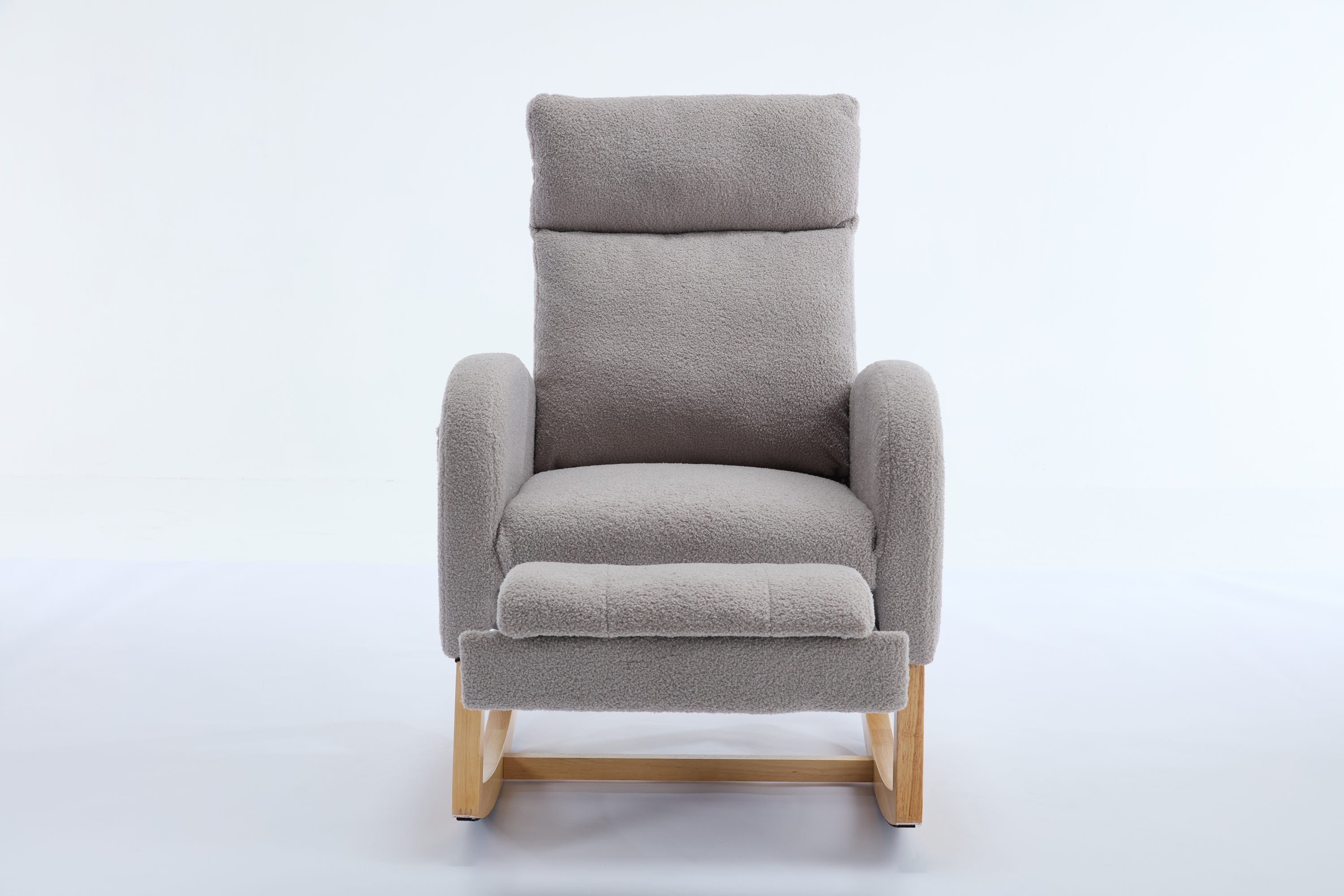 015B-Teddy Fabric Leisure Rocking Chair,Nursery Rocking Chair With Adjustable Footstool,Thickened Headrest And High Backrest, Storage Pocket On The Right Side,The Base Rocker Is Solid Wood,Light Gray - Grand Goldman Shop