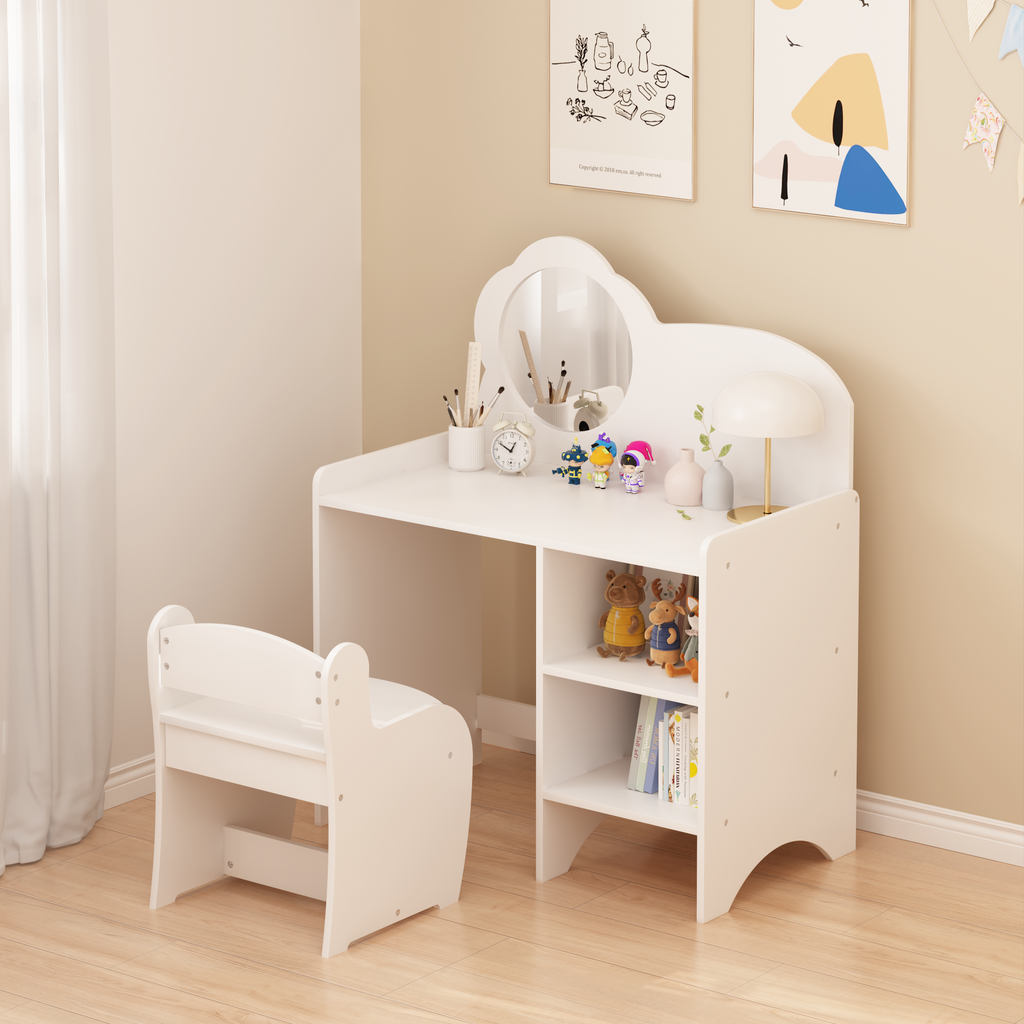 Kids Vanity Table with Mirror and Chair, Wooden Children's Dressing Makeup Desk with Storage Shelves, Study and Activity Tabl