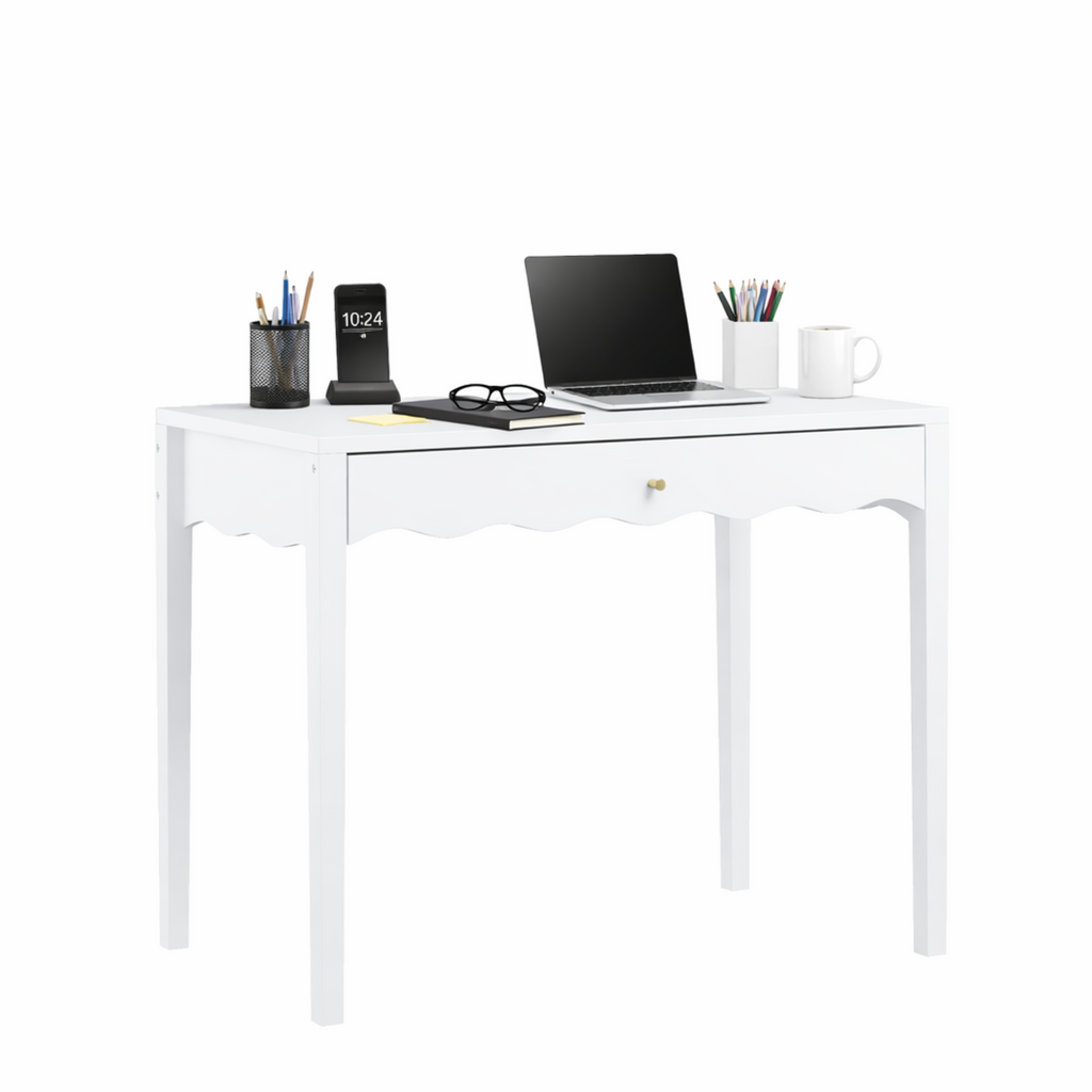 White 35.43' Vanity Desk with Drawer – Modern Makeup Table with Scalloped Front & Gold Knob, Compact Writing Desk with 4 Sturdy Legs for Bedroom, Small Home Office & Apartment Spaces - Grand Goldman Shop