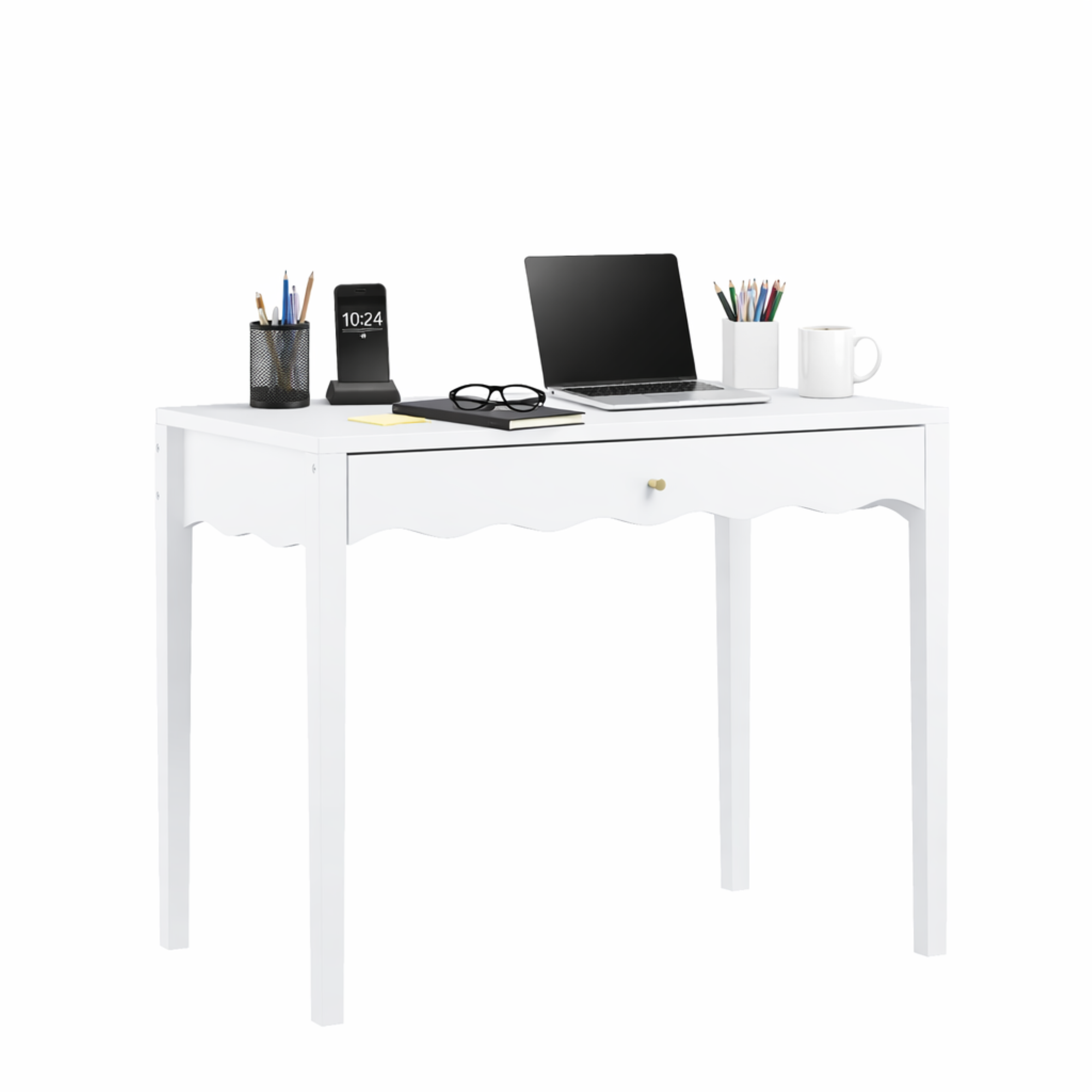 White 35.43' Vanity Desk with Drawer – Modern Makeup Table with Scalloped Front & Gold Knob, Compact Writing Desk with 4 Sturdy Legs for Bedroom, Small Home Office & Apartment Spaces - Grand Goldman Shop