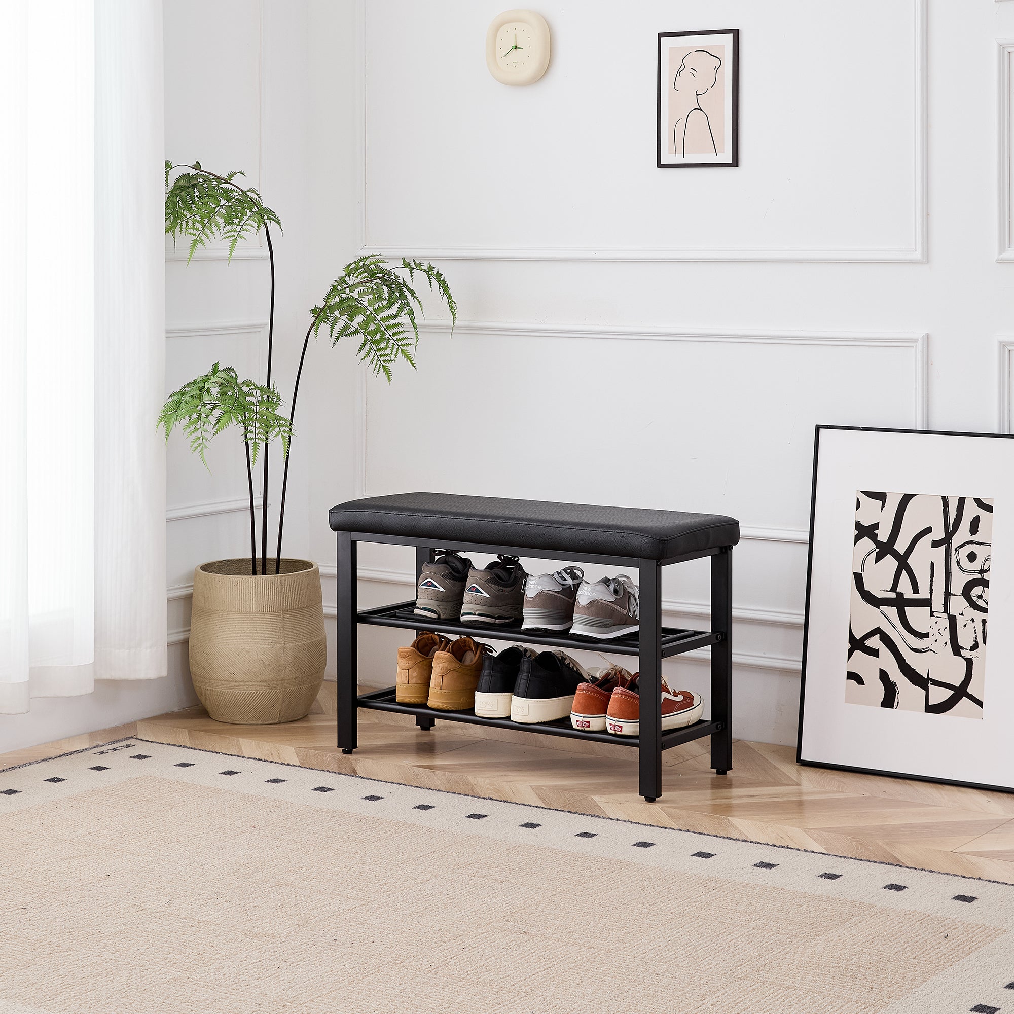 Small Shoe Bench, 3-Tier Shoe Rack with PU Seat Cushion, Black Metal Mesh Shelves, Freestanding Entryway Organizer for Hallway, Living Room, or Bedroom - Grand Goldman Shop
