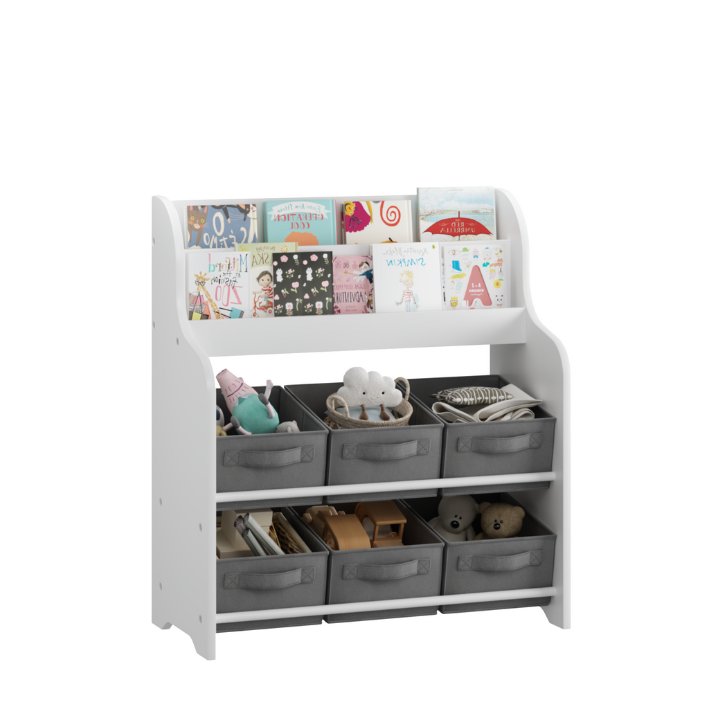Kids Bookshelf with 6 Fabric Storage Bins, Multi-Functional Children's Bookcase and Toy Organizer, Front-Facing Display Shelf