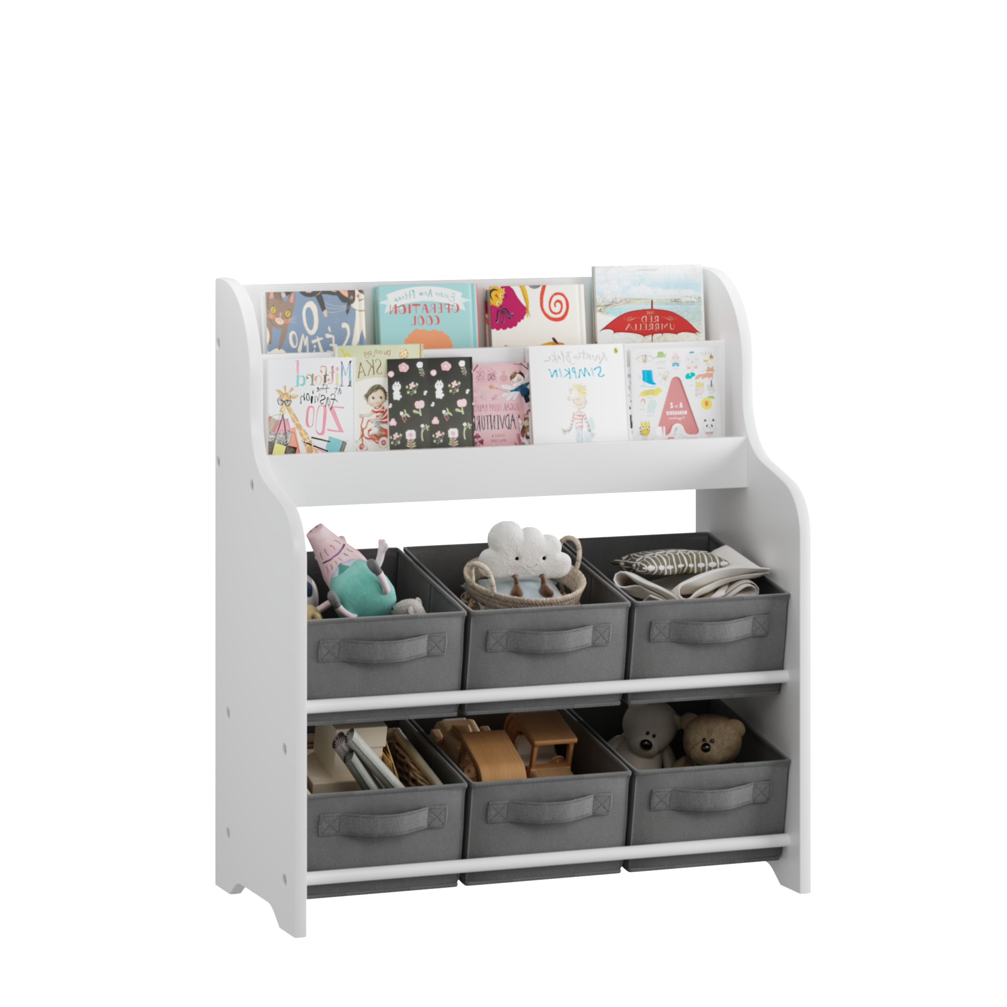 Kids Bookshelf with 6 Fabric Storage Bins, Multi-Functional Children's Bookcase and Toy Organizer, Front-Facing Display Shelf