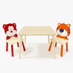 Kids Table and 2 Chairs Set, Wooden Activity Play Table Set with Bear & Tiger Design in White & Orange, Solid Wood and MDF Co
