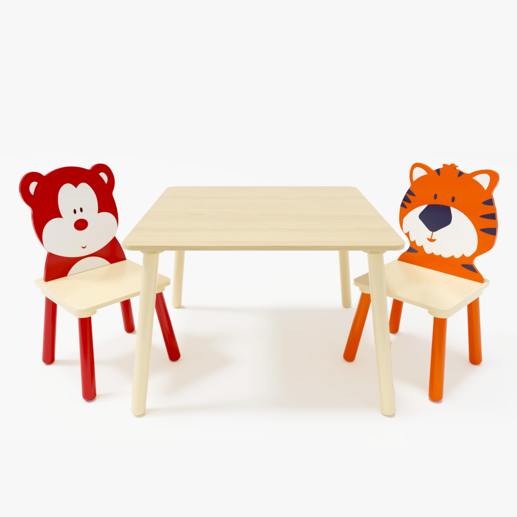 Kids Table and 2 Chairs Set, Wooden Activity Play Table Set with Bear & Tiger Design in White & Orange, Solid Wood and MDF Co