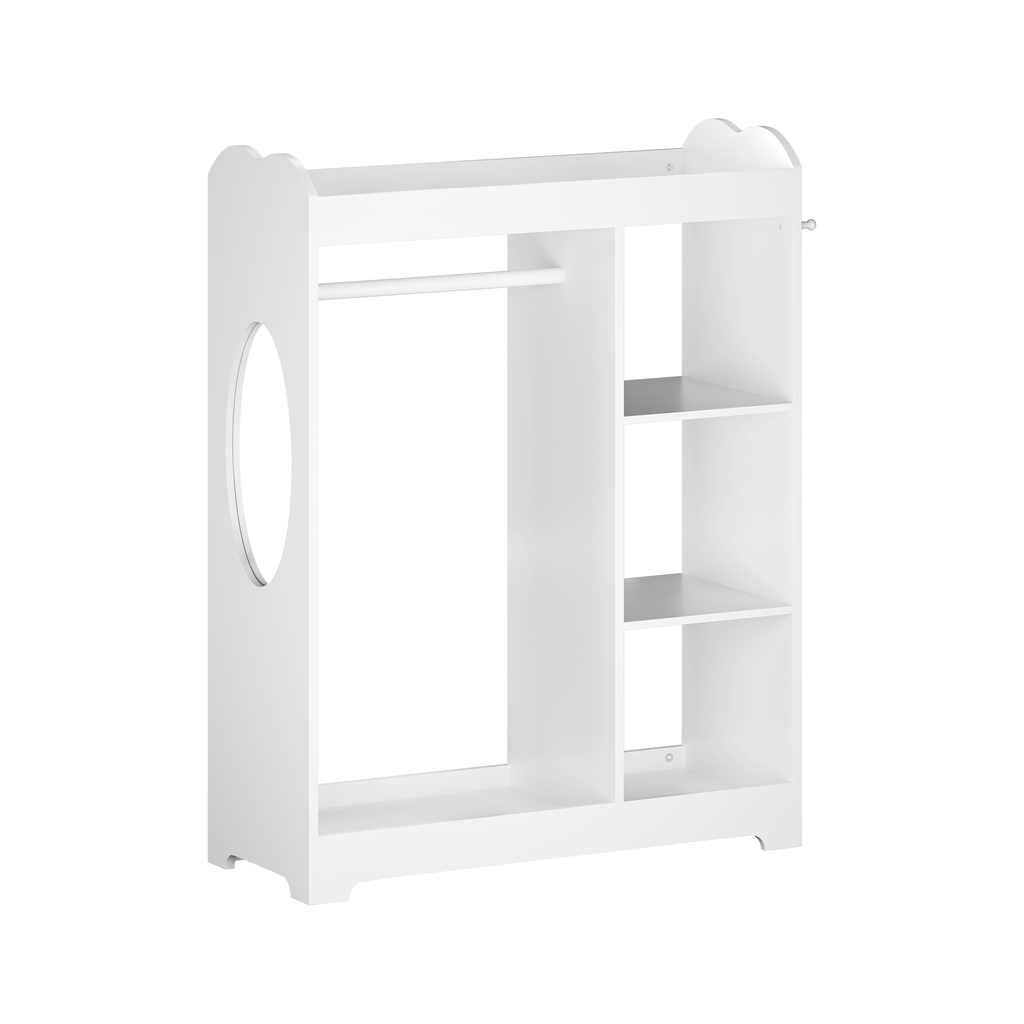 Kids Dress Up Storage with Mirror and Hooks, Wooden Dress Up Clothes Rack with Hanging Rod, 3 Side Hooks, Storage Shelves and