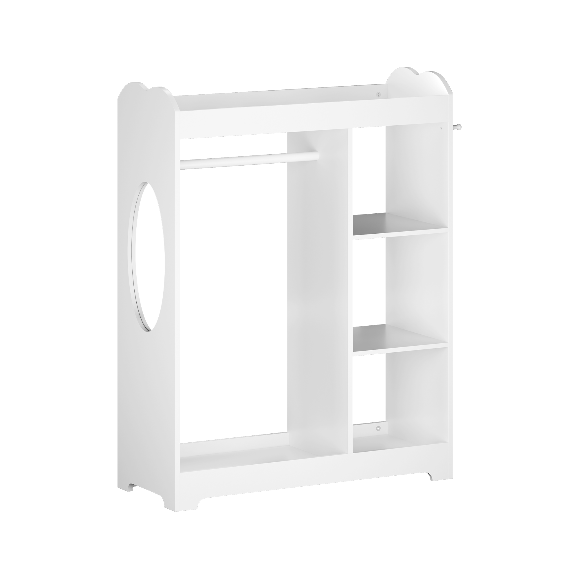 Kids Dress Up Storage with Mirror and Hooks, Wooden Dress Up Clothes Rack with Hanging Rod, 3 Side Hooks, Storage Shelves and