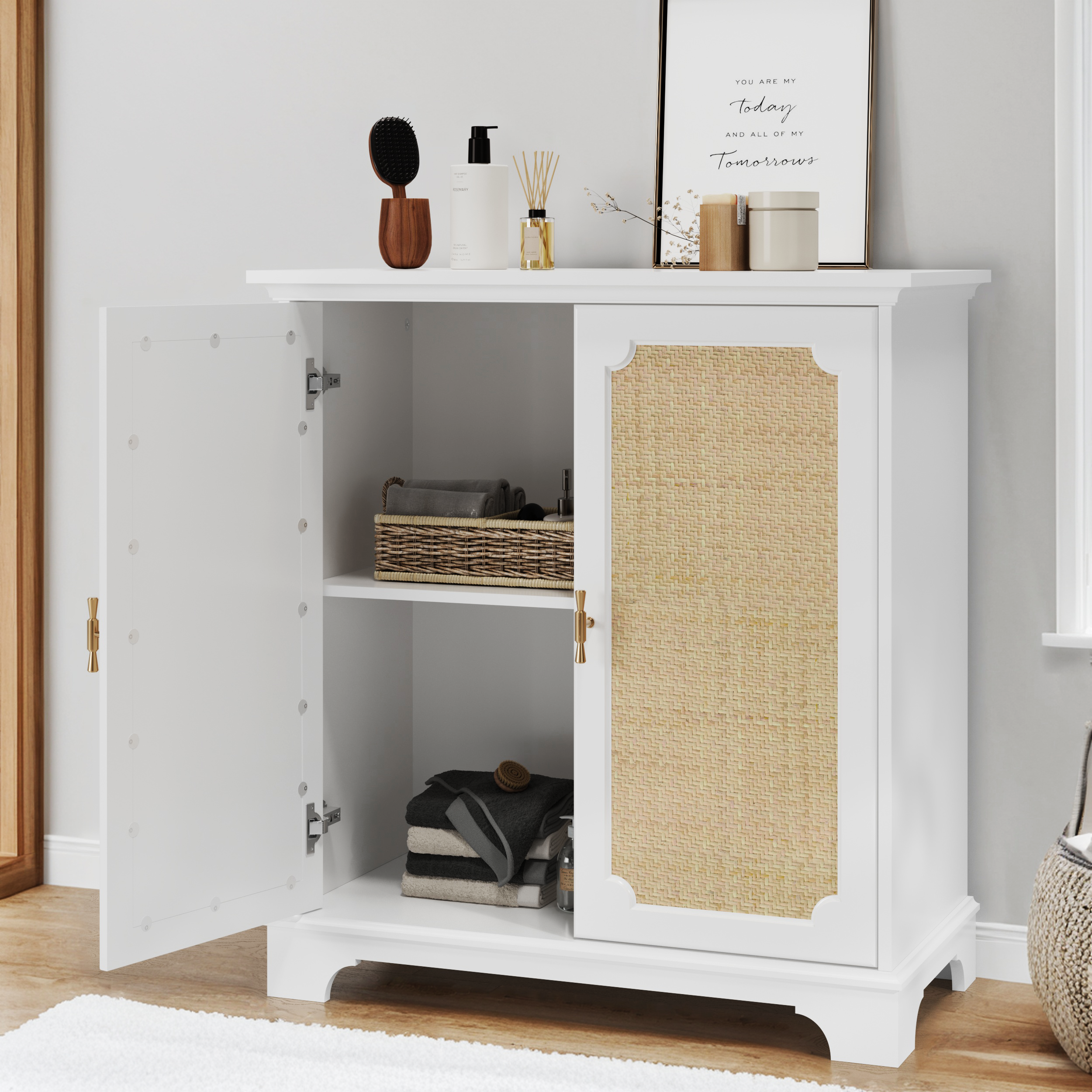 Rattan Decorated Sideboard Buffet Storage Liquor Cabinet, White Particle Board & MDF, 31.10 x 14.96 x 34.25 inches - Grand Goldman Shop
