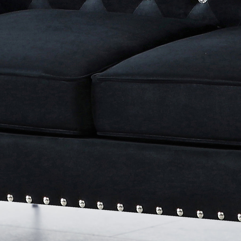 59.4 Inch Wide Black Velvet Sofa with Jeweled buttons,Square Arm ,2 Pillows - Grand Goldman Shop