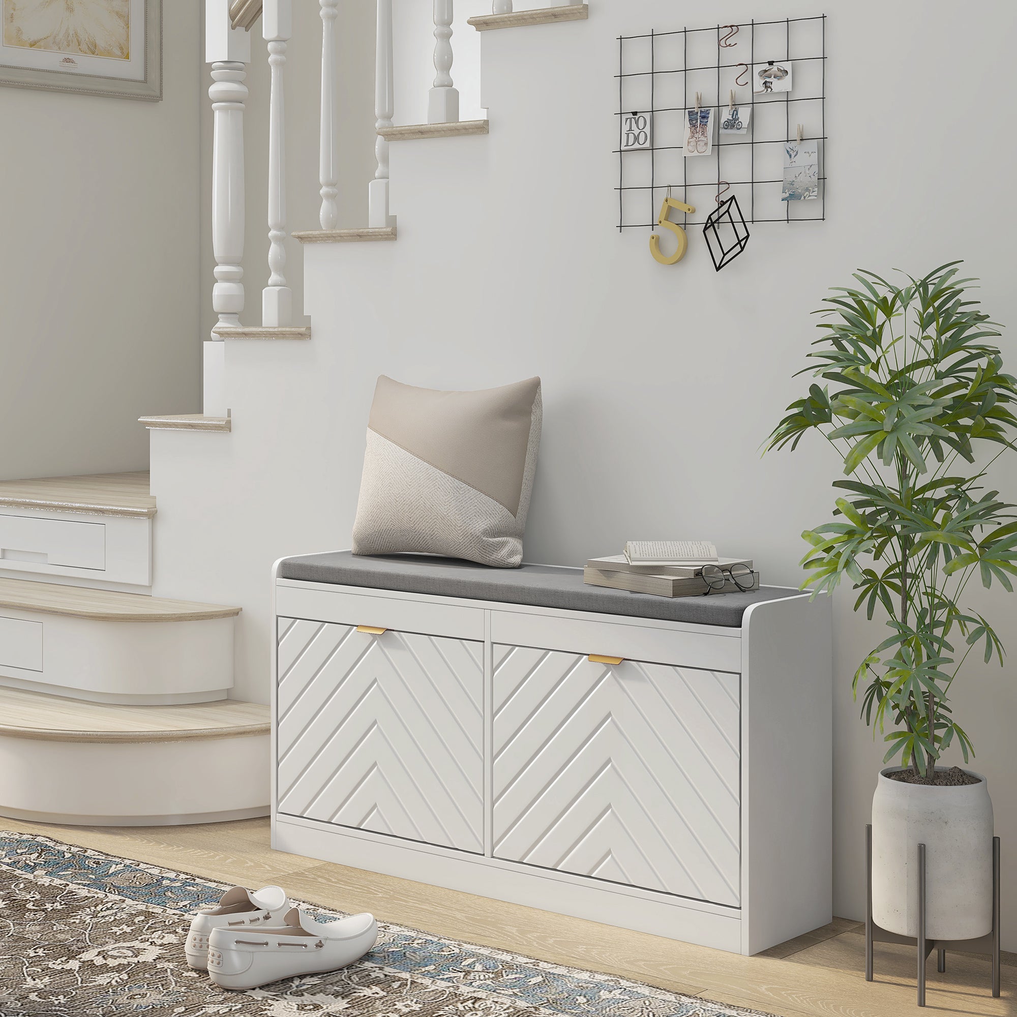 HOMCOM Shoe Bench, Entryway Bench with 2 Flip Drawers, Seating Cushion, and 2 Vents for 8 Pairs of Shoes for Hallway, White - Grand Goldman Shop
