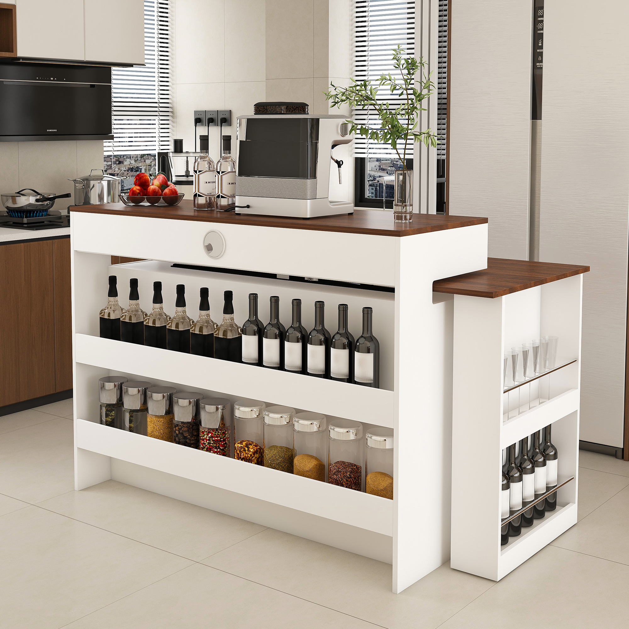 Kitchen Island with Extendable & Rotating Table, MDF with Walnut Veneer Retro Design, 4 Drawers & Glass Door Cabinets with Built-in Socket, Expandable Dining Station for 2-4 Person - Grand Goldman Shop