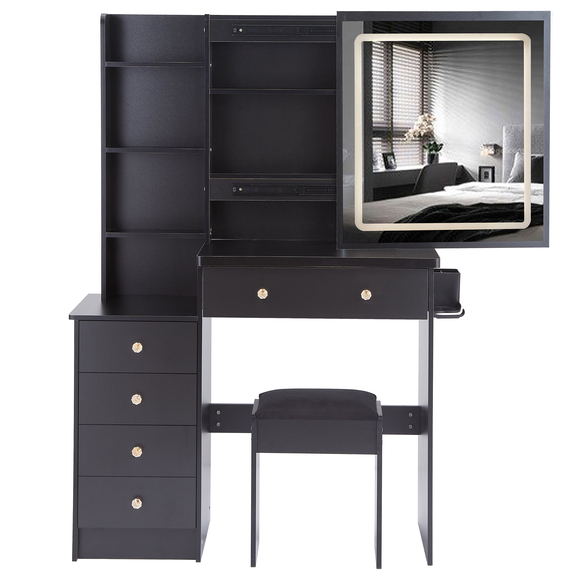 37' Middle Size Left Bedside Cabinet Vanity Table + Cushioned Stool Dresser Set, 2 AC+2 USB Socket, Hair Dryer Stand, Large Touch Control LED Sliding Mirror, 3-color Switch, EPA, GCC, UL Certificate - Grand Goldman Shop