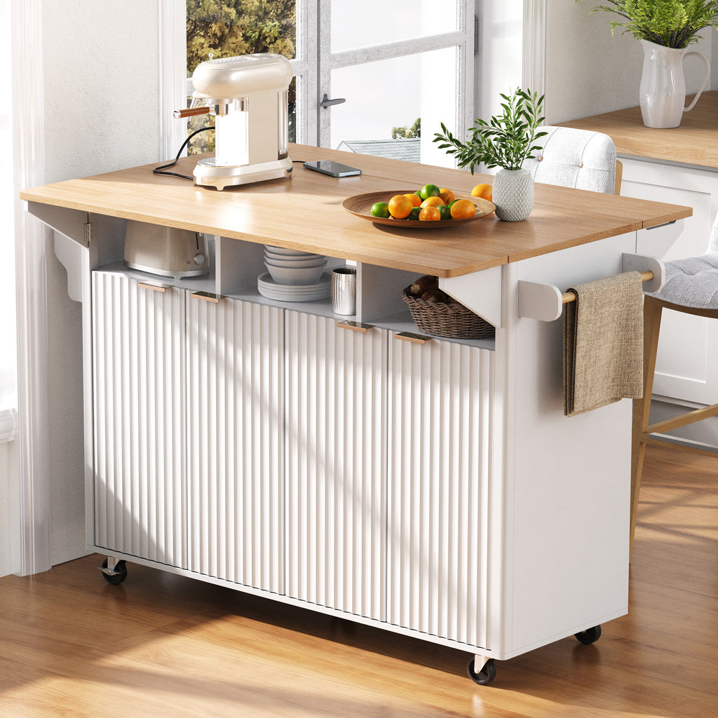 K&K 55.5' Fluted Kitchen Island with 2 Drop Leaf, Kitchen Storage Cart with Power Outlet, 4 Doors, Spice rack, Rolling Island Table with Wood-grain Top, Curved Edge for Kitchen, Dining Room,White - Grand Goldman Shop