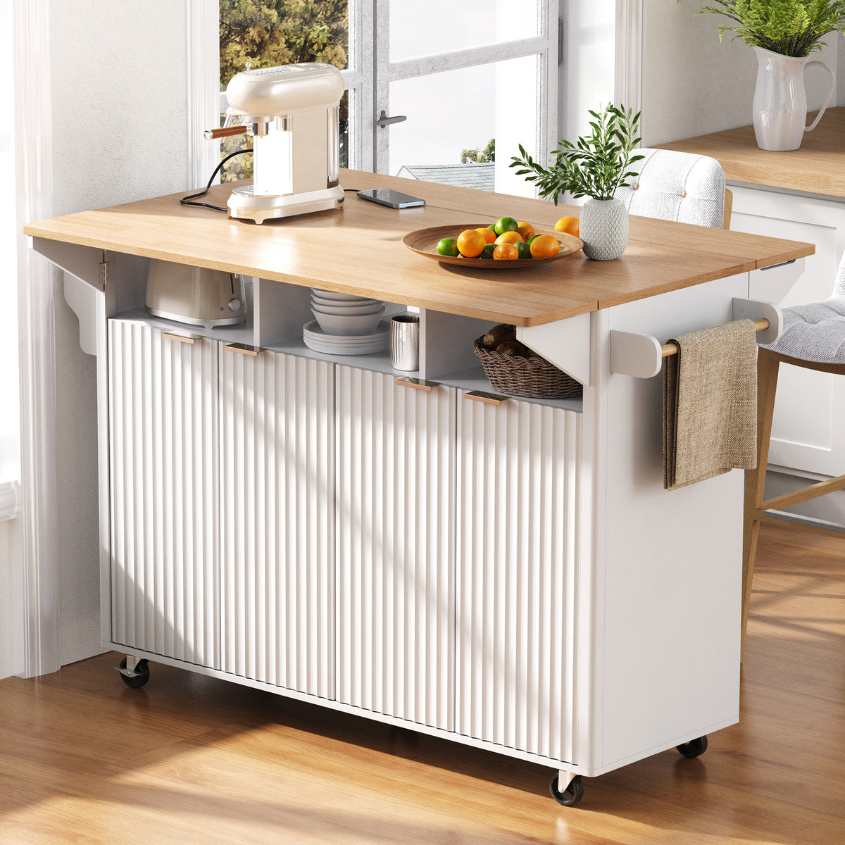 K&K 55.5' Fluted Kitchen Island with 2 Drop Leaf, Kitchen Storage Cart with Power Outlet, 4 Doors, Spice rack, Rolling Island Table with Wood-grain Top, Curved Edge for Kitchen, Dining Room,White - Grand Goldman Shop