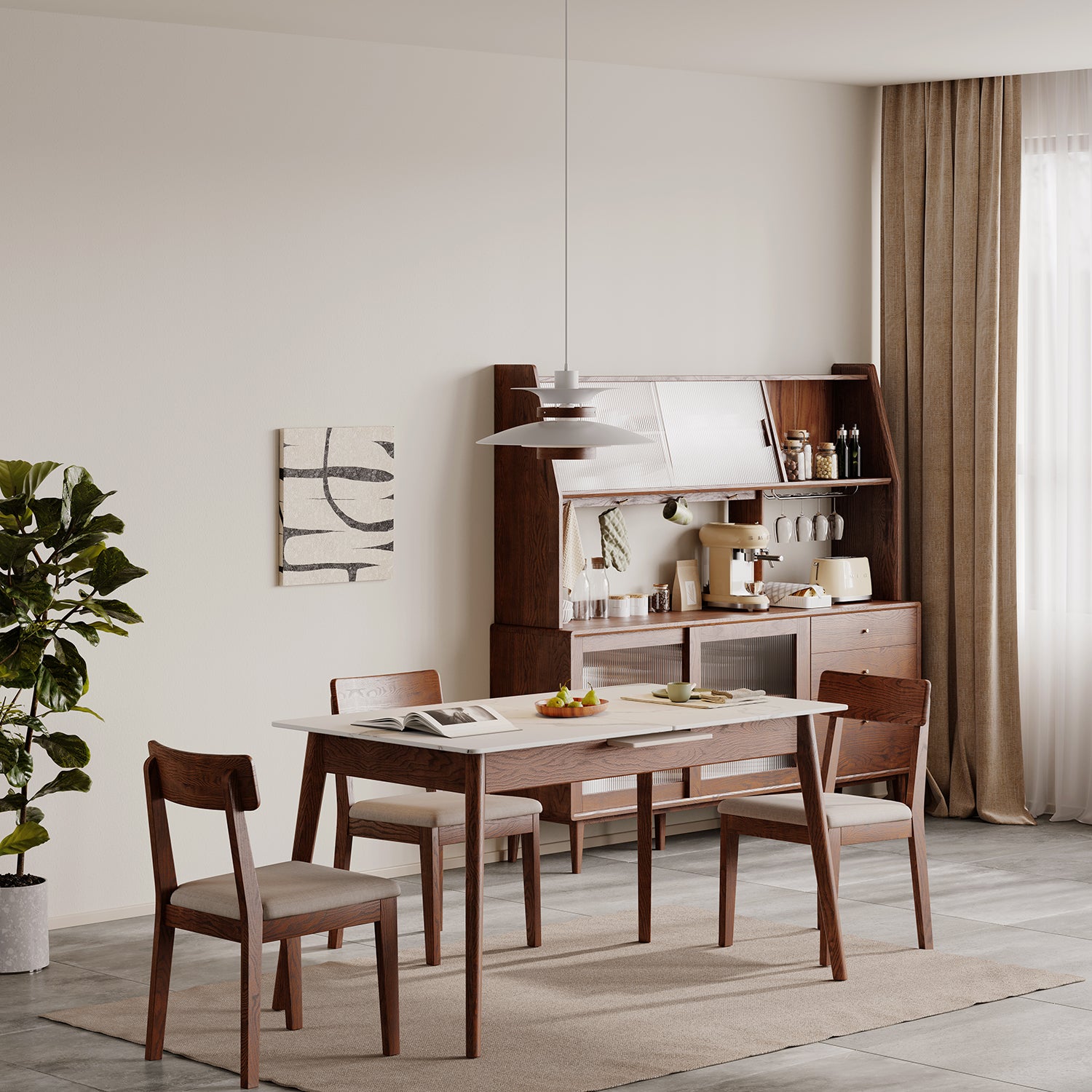 Walnut Solid Oak and White Slate Telescopic Dining Table for 6-8 People, Wood (Walnut Color) - Grand Goldman Shop