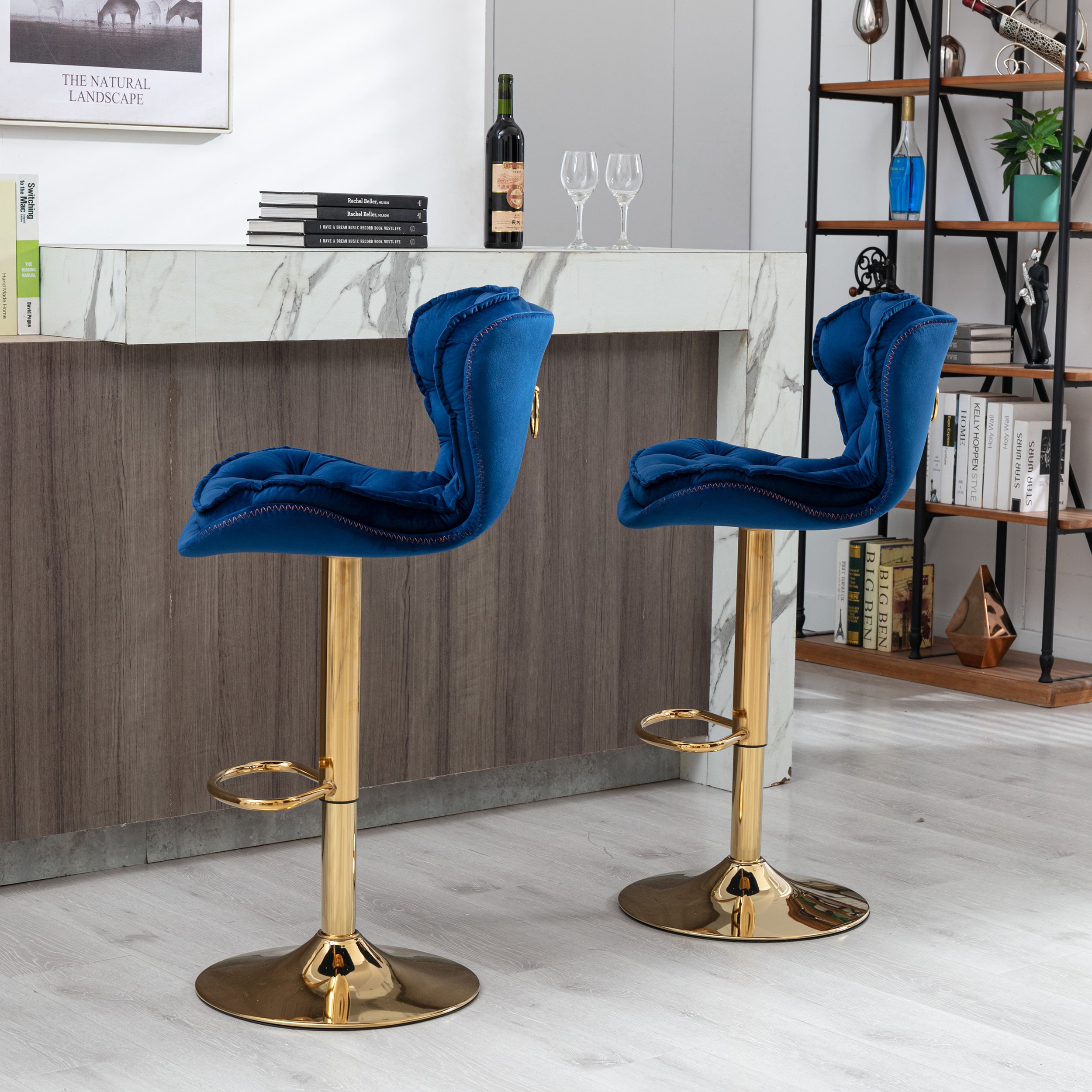 Set of 2  Bar Stools,with Chrome Footrest and Base Swivel Height Adjustable Mechanical Lifting Velvet + Golden Leg Simple Bar Stool-blue - Grand Goldman Shop