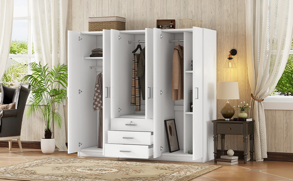 6-Doors Wooden Wardrobe Storage for Bedroom, with Big Drawers, White - Grand Goldman Shop