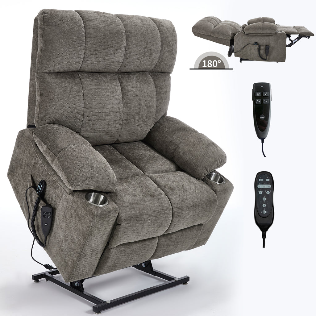 Brown Dual Motor Infinite Position Up to 350 LBS Chenille Power Lift Recliner Chair, Heavy Duty Motion Mechanism with 8-Point Vibration Massage and Lumbar Heating, Dual Cup Holders - Grand Goldman Shop