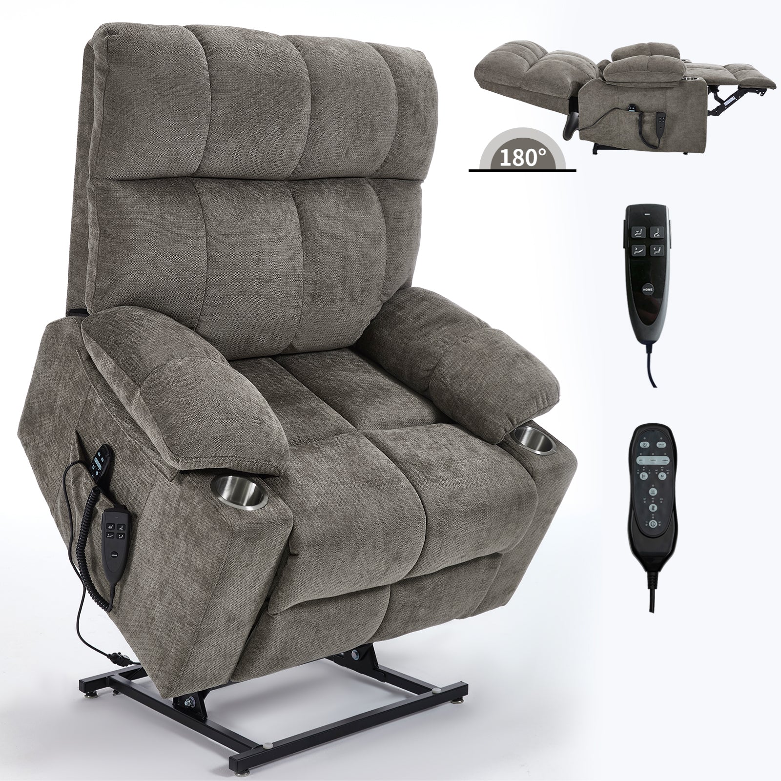 Brown Dual Motor Infinite Position Up to 350 LBS Chenille Power Lift Recliner Chair, Heavy Duty Motion Mechanism with 8-Point Vibration Massage and Lumbar Heating, Dual Cup Holders - Grand Goldman Shop